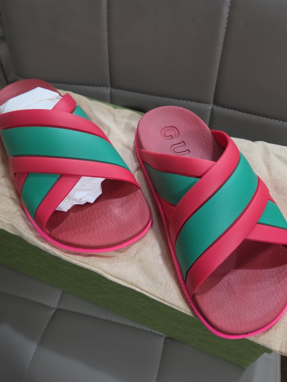 Gucci Pink and Green Crisscross Slide Sandals Size 38